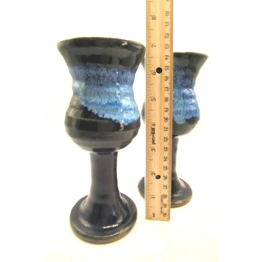 Vintage Studio Art Pottery Blue Drip Glaze Chalice Goblet Set 2 Piece 6.75in